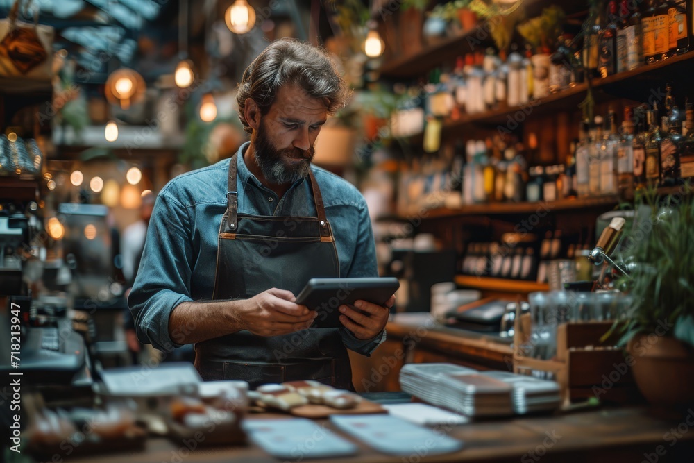 A stylish man in an apron gazes intently at his tablet while standing among bottles and shelves in a trendy indoor drinking establishment, catching the eye of a woman passing by on the street A stylish man in an apron gazes intently at his tablet while standing among bottles and shelves in a trendy indoor drinking establishment, catching the eye of a woman passing by on the street