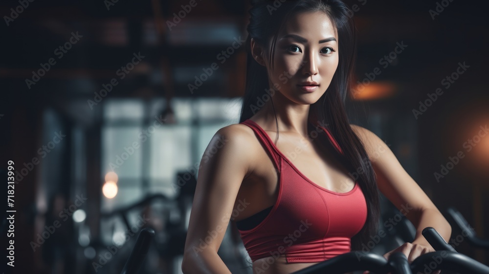 Young Asian woman working out on exercise bike at gym. Neural network AI generated art