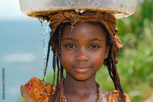 Portrait of a smiling black African girl carrying a water canister on her head photo