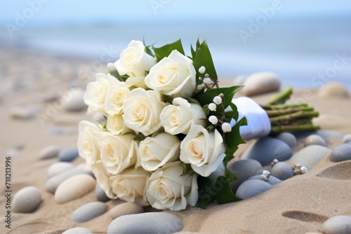  a bouquet of white roses sitting on top of a pile of rocks on a sandy beach next to a body of water with a body of water in the background.
