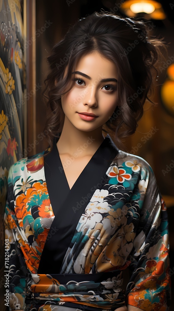 Japanese model in a vibrant summer yukata, posing in front of a lively patterned background