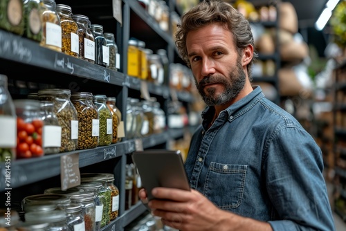 A curious man stands in a bustling convenience store, holding a tablet as he peruses the neatly organized shelves of jars and bottles, his human face reflecting both wonder and satisfaction at the ab