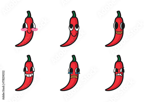 Set of chilli cartoon with many expressions. Retro design vector illustration of pepper on white background. Mascot faces
