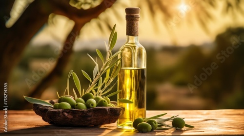 Glass bottle with olive oil  green olives on wooden table against the backdrop of garden of olive trees. Healthy oil for cooking  growing olives  blurred natural garden bokeh background