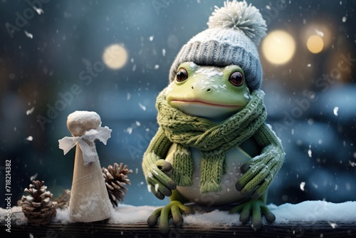  a frog in a knitted hat and scarf next to a christmas ornament with a snowman figurine in front of it on a snowy night.