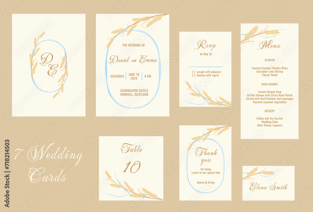 Wedding invitation template in rustic style set with wheat and blue ribbon. Decoration vector for save the date, greeting, menu, thank you, rsvp Wedding invitation template in rustic style set with wheat and blue ribbon. Decoration vector for save the date, greeting, menu, thank you, rsvp