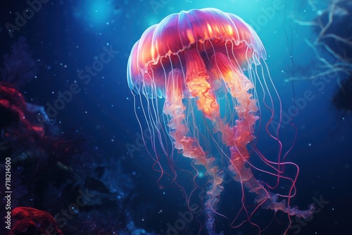  a close up of a jellyfish in a blue sea with a light shining on the top of it's head and the bottom part of it's body.