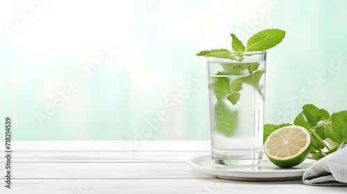 Glass of soda water mint and napkin on white wooden table