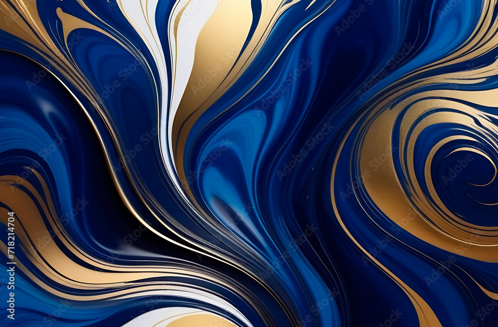 Abstract background in blue, white and gold colors. Liquid paining. Art background.