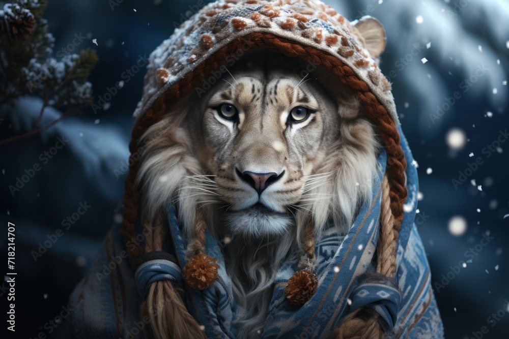  a painting of a white tiger wearing a blue coat and a hat with a scarf around it's neck, with snow falling on the ground and trees in the background.