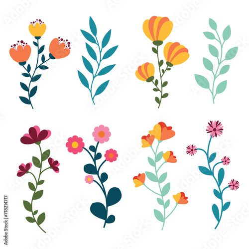 Beautiful romantic flowers collection. Set of flowers and leaves, summer and spring set. Spring botanical floral set