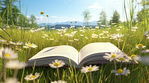 open book in the grass on a field with chamomile and dandelion flowers on a sunny spring day.