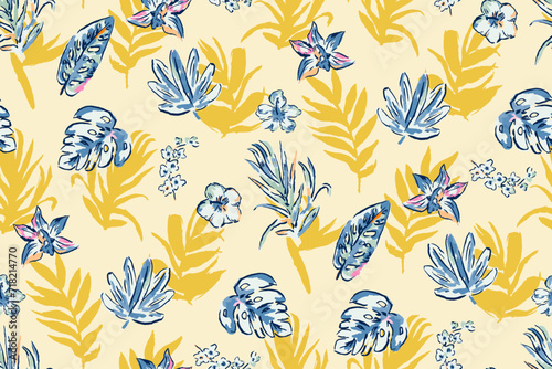 Modern exotic floral jungle pattern. Collage contemporary seamless pattern. Hand drawn cartoon style pattern. Boho foliage botanical tropical leaves