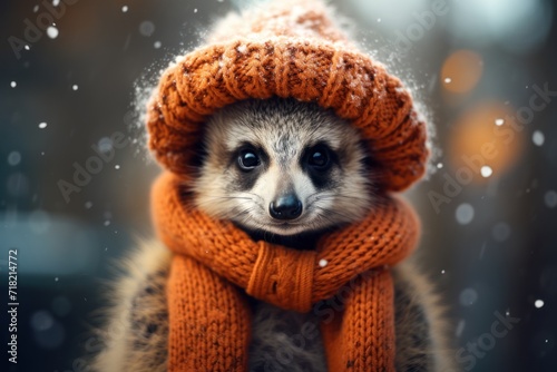  a small raccoon wearing a knitted orange scarf and a knitted orange hat with a pom pom on the top of it's head.