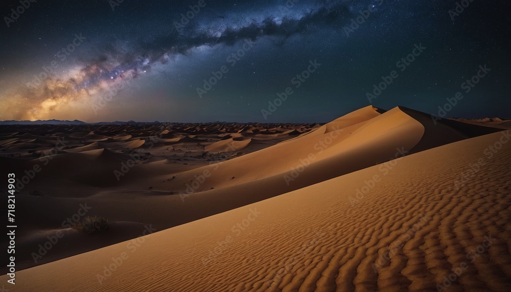 desert dunes, at night with a bright starry sky and the Milky Way. to ...