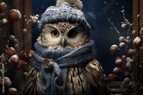  a painting of an owl wearing a blue scarf and a knitted hat with a pom pom on it's head, surrounded by berries and branches. photo