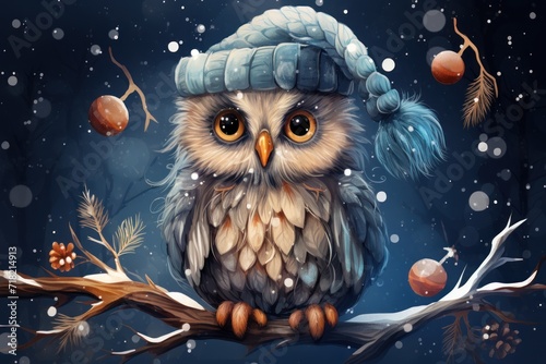  a painting of an owl wearing a knitted hat sitting on a branch in the snow with acorns and berries on the branch in front of the background.