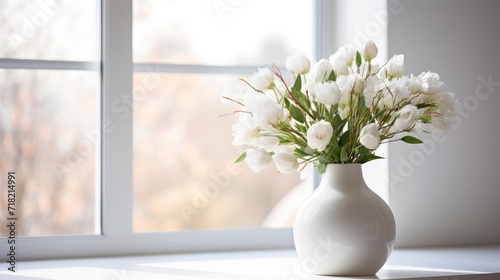 white vase with beautiful flowers near a window in a living room.