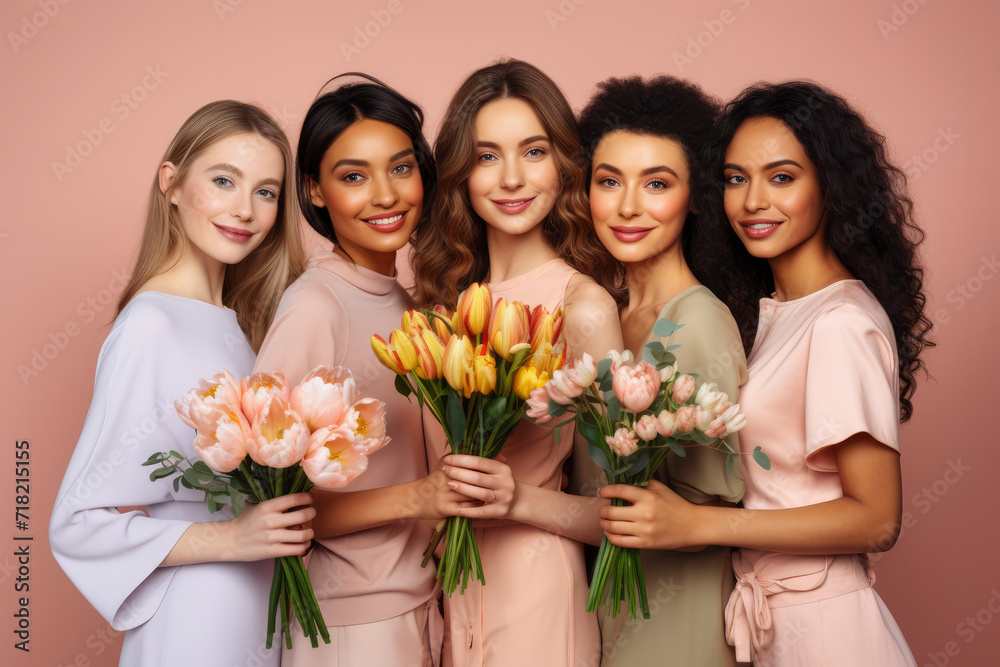 Beautiful girls of different races with different skin colors with tulips on studio pink background. Spring concept, March 8 holiday, International Women's Day. Feminine beauty, happy women of world