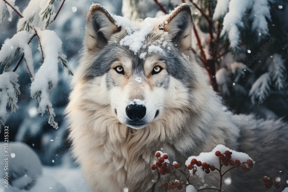  a wolf is standing in the snow in front of a tree with berries and berries on it's head and it's face is looking at the camera.