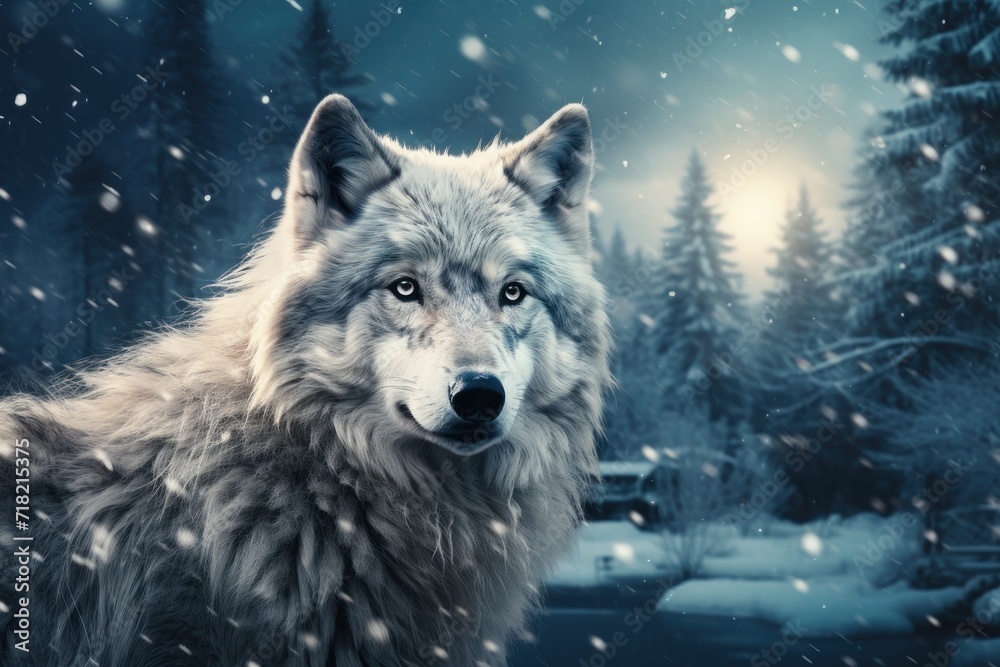  a wolf standing in the snow in front of a forest with snow falling down on the trees and a cabin in the distance with a full moon in the sky.