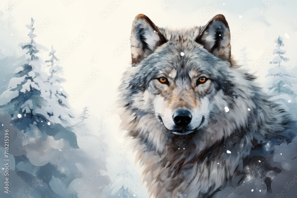  a painting of a wolf in the snow with pine trees in the background and snow flakes on the trees and snow flakes on the ground and snowflakes on the ground.