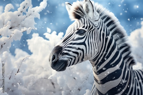  a close up of a zebra in a field of snow with snow flakes on the ground and trees in the foreground, with a blue sky in the background. © Shanti