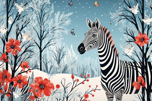  a painting of a zebra in the middle of a snowy field with red flowers and a butterfly in the sky above it is a blue sky with white and red flowers.
