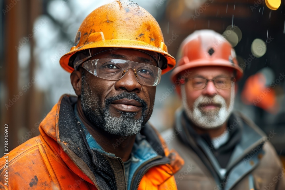 A team of rugged workers, donned in high-visibility gear and hard hats, stand proudly on the bustling city street, embodying strength, determination, and the blue-collar spirit of hard work A team of rugged workers, donned in high-visibility gear and hard hats, stand proudly on the bustling city street, embodying strength, determination, and the blue-collar spirit of hard work
