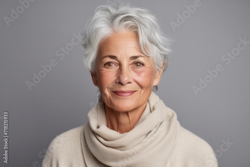Portrait of chic beautiful gray-haired mature woman 50-60 years old in elegant clothes on gray background. An elderly woman smiles and looks at camera. Beautiful old age, cosmetology, face lifting photo