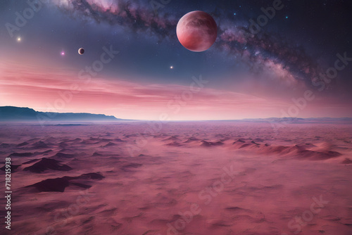 Landscape of the planet under the purple rays and the stars
