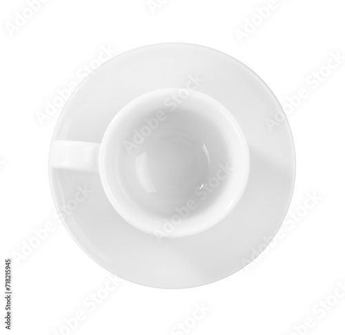 Ceramic cup with saucer isolated on white, top view