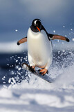 Generative Ai illustration of emperor penguin snowboarding