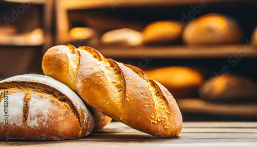 A magazine quality shot of a banner bakery, fresh bread with golden crust on store shelves