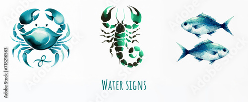 Set of three water zodiac signs, Cancer, Scorpio, Pisces in blue, green shades in watercolor style on a white background. Isolated astrological symbols of celestial constellations for horoscope. photo