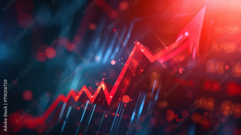 Red growing up 3d large arrow sign. Inflation Bar chart. Graph. Rising price. Finance and Economy. Market volatility. Financial planning. Global crisis concept. - obrazy, fototapety, plakaty 