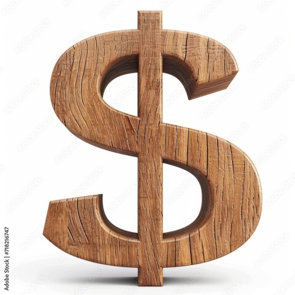 Obraz premium Wooden Oak Dollar Sign on White Background. Photorealistic Buck Sign on white backdrop. Square Illustration. Ai Generated Finance and Currency 3D Symbol.