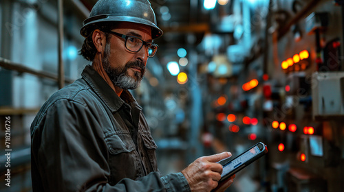 safety engineer in a metal helmet and glasses holds a clipboard tablet in an industrial control room photo