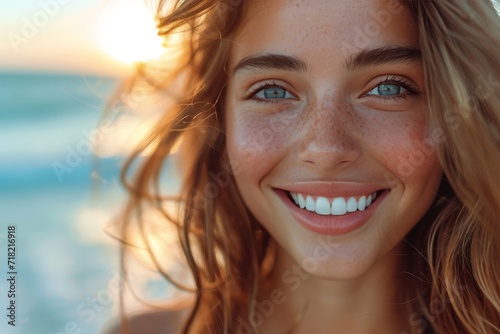 A sun-kissed surfer girl with long brown hair smiles brightly at the camera, showcasing her radiant skin, captivating brown eyes, and perfect teeth, exuding happiness and confidence on a beautiful be © Pinklife