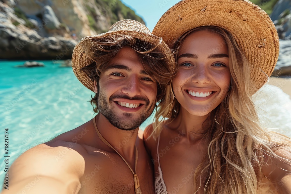 A couple captures their joyful vacation moments with a sun hat and big smiles in a fashionable beach selfie