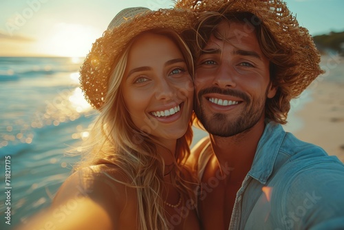 A couple captures their joyful vacation moment as they smile for a selfie in the warm sun, dressed in stylish beach attire and wearing matching sun hats against a picturesque sky and sparkling water  photo