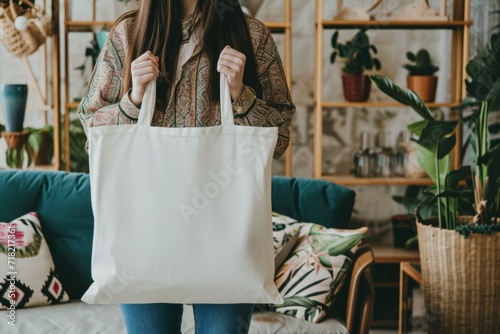 Close Up Of Young Female Consumer Holding Blank White Eco Tote Bag, Posing Standing Over Studio Background. Lady Carrying Flax Tote Shopper Handbag. Eco-Friendly