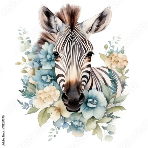 Elegant Watercolor Zebra with Soft Floral Surroundings.