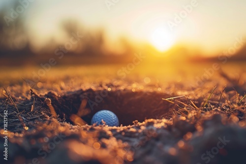 Golf Ball Resting in Hole at Golden Sunset, Generative AI