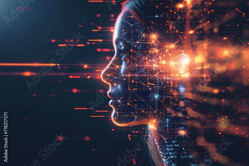 Big data and artificial intelligence concept. Machine learning and cyber mind domination concept in form of women face outline outline with circuit board and binary data flow on blue background.