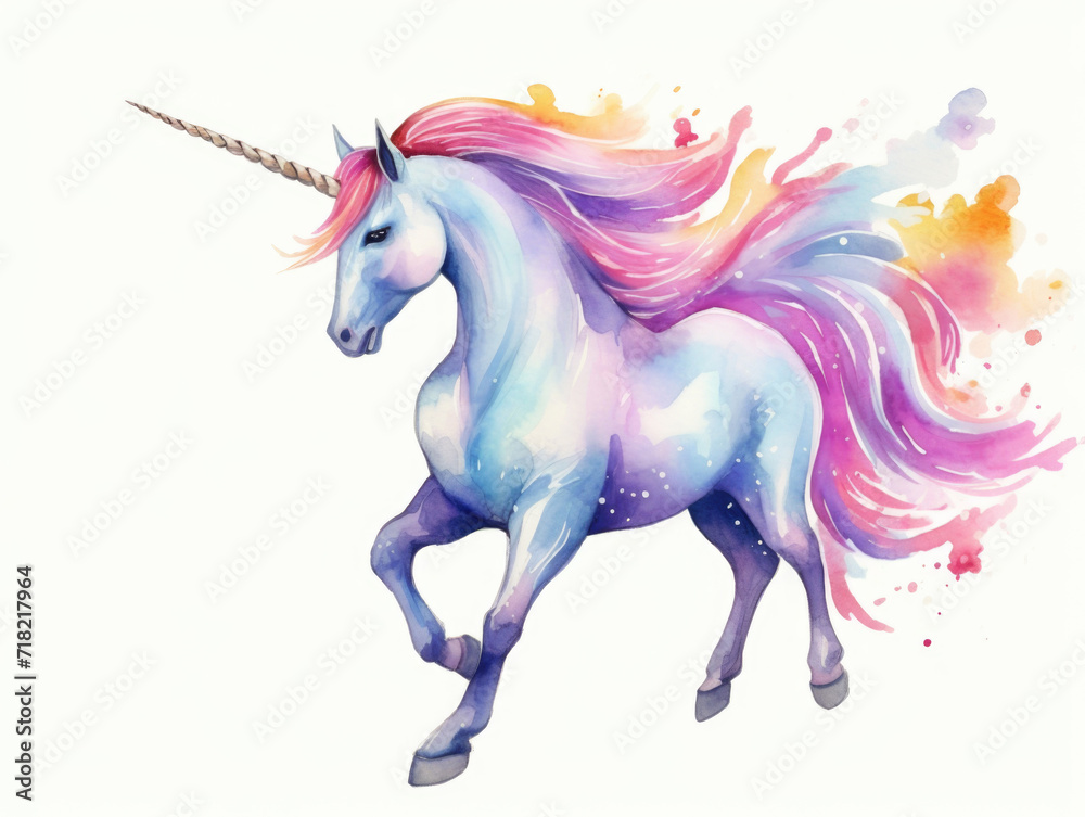 Majestic Watercolor Unicorn with Colorful Ethereal Mane.