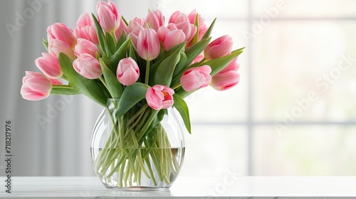 beautiful tulip bouquet in a glass vase on a white marble table.
