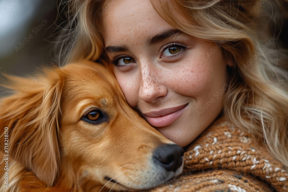 A joyful woman embraces her beloved golden retriever, their freckled faces glowing with love and happiness under the warm outdoor sun