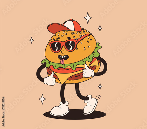 Fast food retro groovy cartoon character. Vintage mascot of burger with hat and glasses with happy smile. Funky street food illustration