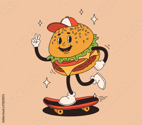 fast food retro groovy cartoon character. Vintage mascot of burger with hat on skateboard with happy smile. Funky street food illustration